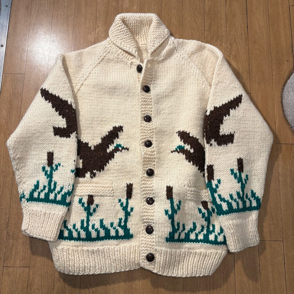 Vintage 1950s Cowichan Style Hand Knit Mallard Duck Shawl Cardigan Sweater XL